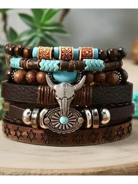NWT Western Bull Skull Wood Bead Stacking Bracelet Set 6pcs Unisex Boho Style